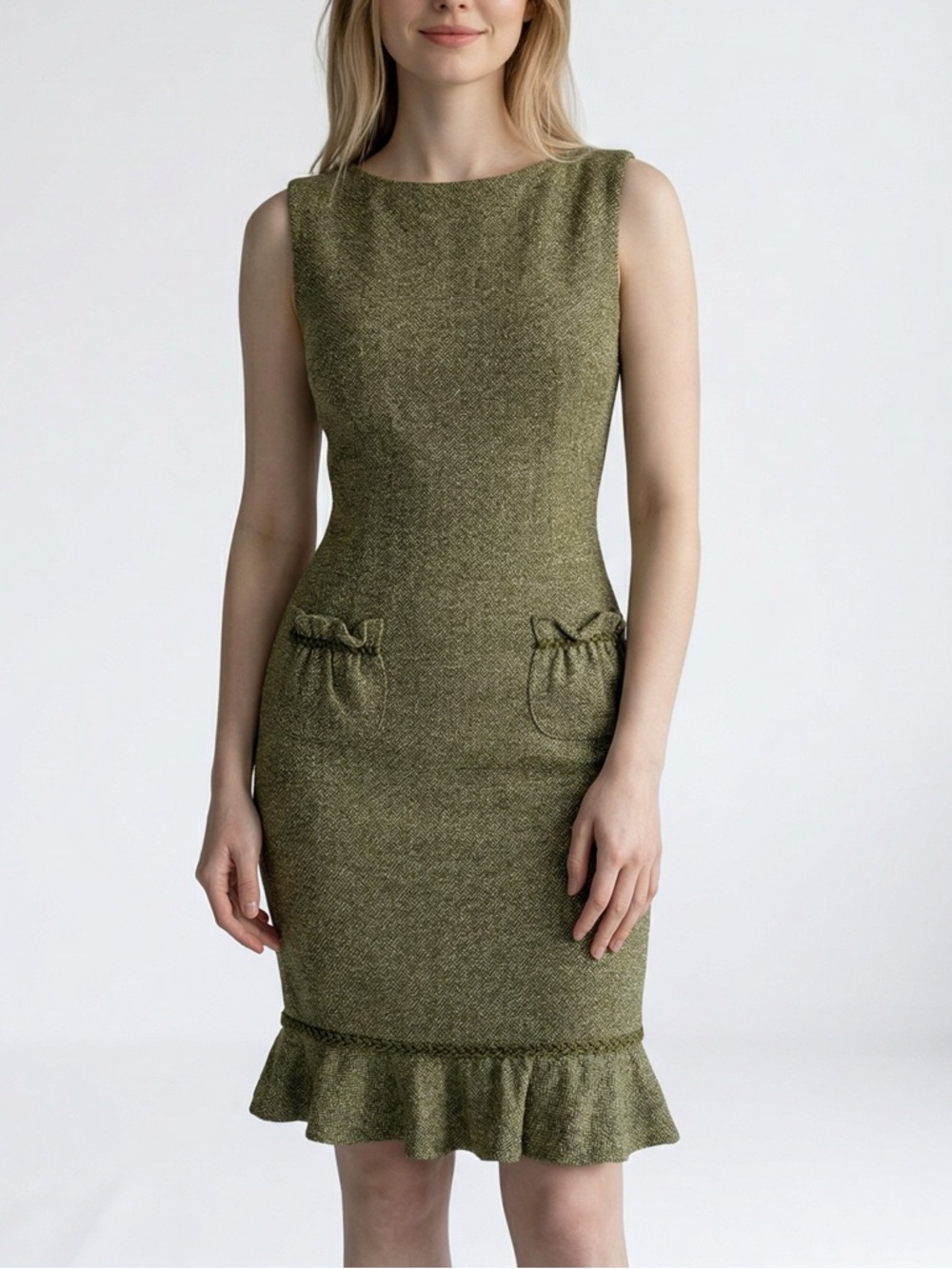 David Meister Olive Green Wool Boucle Ruffle Hem Sleeveless Sheath Wiggle Dress